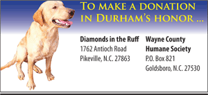 Diamonds in the Ruff, 1762 Antioch Road, Pikeville, N.C. 27863 or Wayne County Humane Society, P.O. Box 821,Goldsboro, N.C. 27530